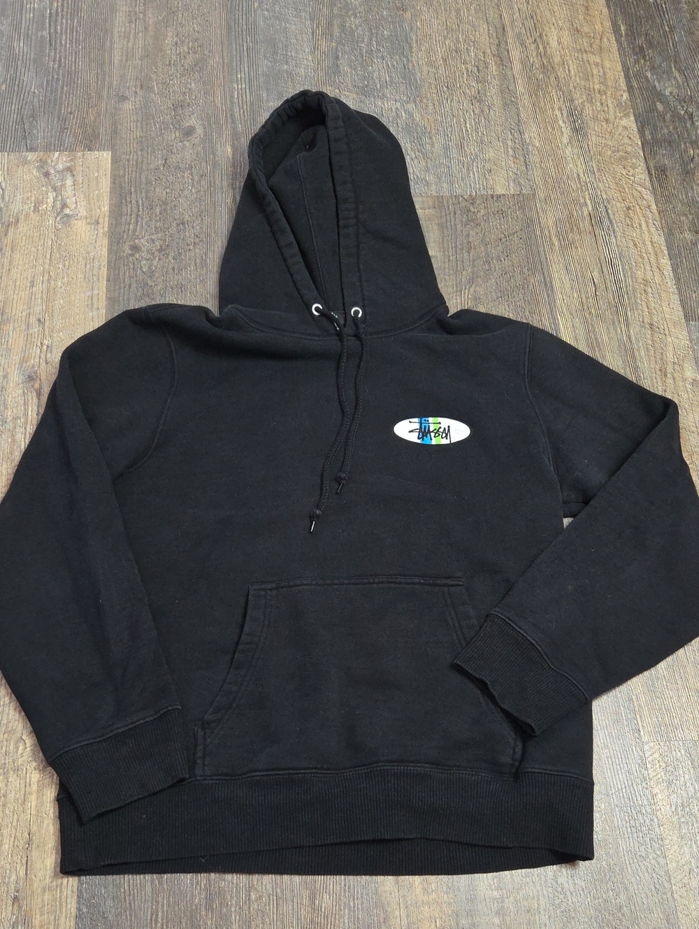 Stussy Black Pullover Hoodie with Small Multicolor Chest Logo